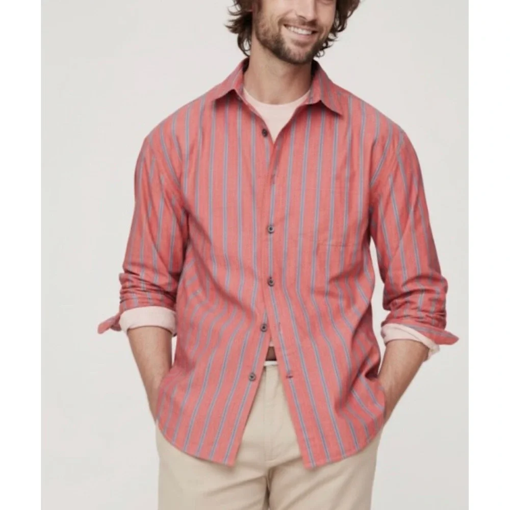 Banana Republic Mens Button Up Shirt Medium Coral Striped Relaxed Fit Casual
